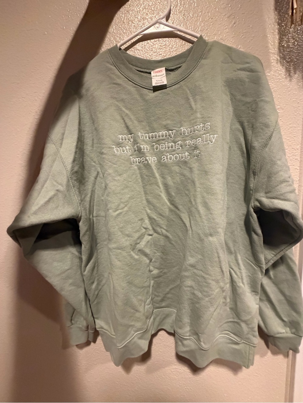 Hanes Sage Green Crewneck Sweatshirt with White Embroidered Text